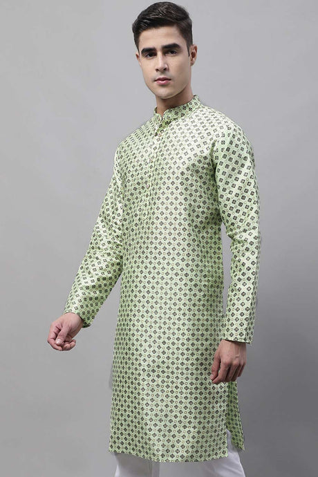 Men's Pista Green Printed Silk Blend Kurta