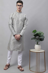 Men's Grey Printed Silk Blend Kurta