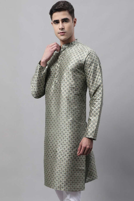 Men's Green Printed Silk Blend Kurta