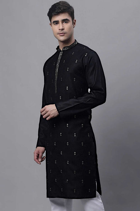 Men's Black Embroidered Straight Kurta