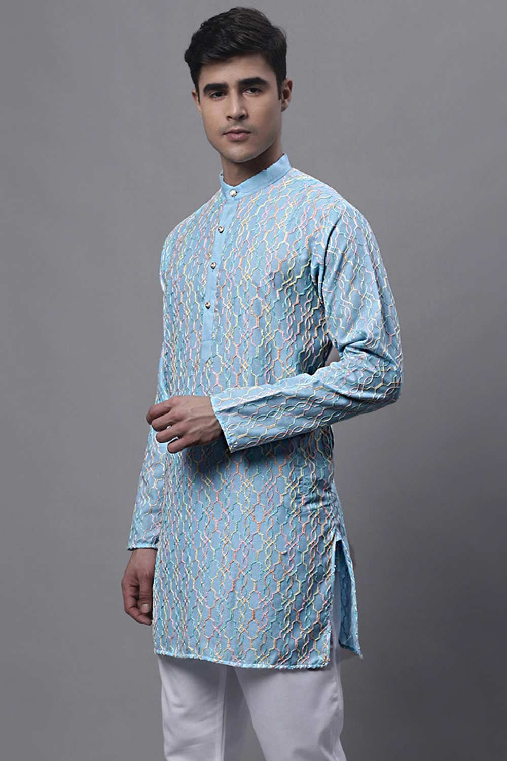 Men's Sky Blue And Multi Coloured Embroidered Straight Kurta