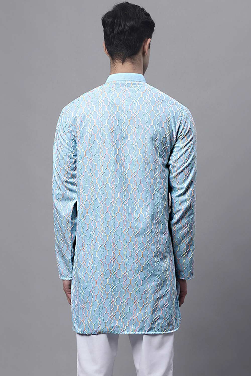 Men's Sky Blue And Multi Coloured Embroidered Straight Kurta