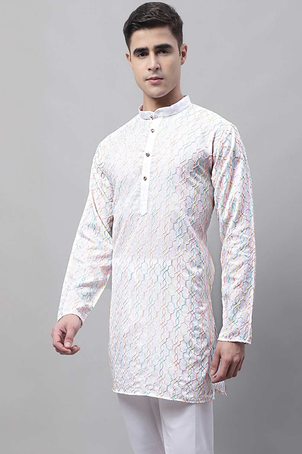 Men's White And Multi Coloured Embroidered Straight Kurta