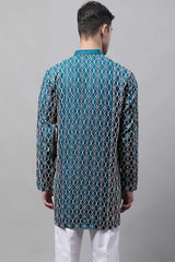 Men's Teal Blue And Multi Coloured Embroidered Straight Kurta