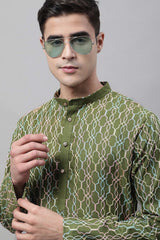 Men's Olive Green And Multi Colored Embroidered Straight Kurta