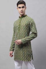 Men's Olive Green And Multi Colored Embroidered Straight Kurta