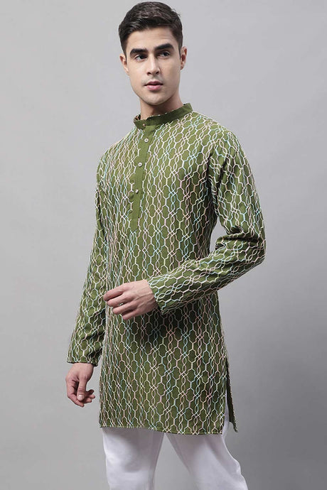 Men's Olive Green And Multi Coloured Embroidered Straight Kurta