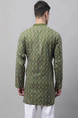 Men's Olive Green And Multi Colored Embroidered Straight Kurta