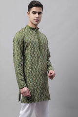 Men's Olive Green And Multi Colored Embroidered Straight Kurta