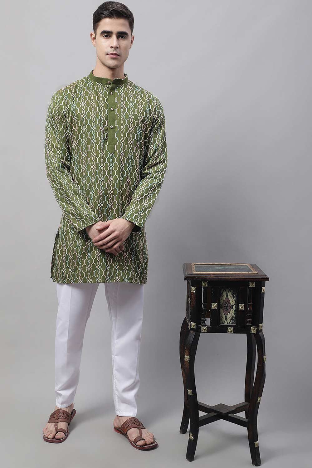 Men's Olive Green And Multi Colored Embroidered Straight Kurta