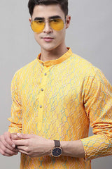 Men's Mustard And Multi Coloured Embroidered Straight Kurta