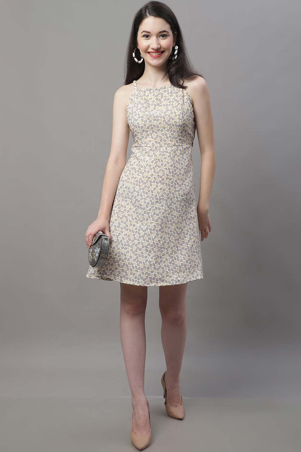 Women's Off White Floral Printed A-Line Dresses