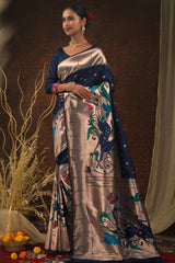 Navy Blue Paithani Silk Zari Woven Saree
