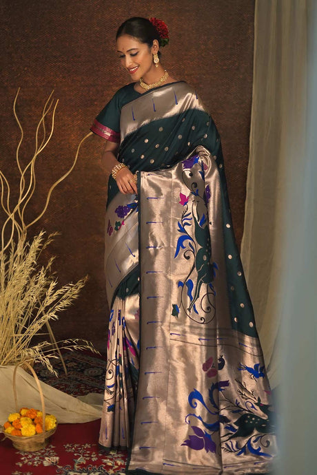 Teal Paithani Silk Zari Woven Saree