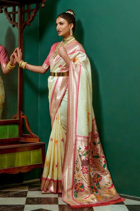 Cream Paithani Silk Zari Weaving Saree