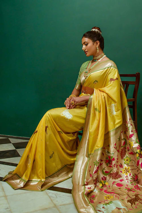 Yellow Paithani Silk Zari Weaving Saree