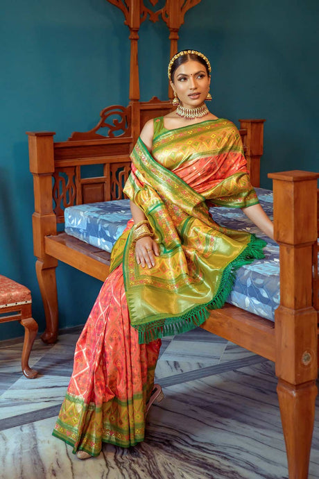 Orange Banarsi Silk Zari Weaving Saree