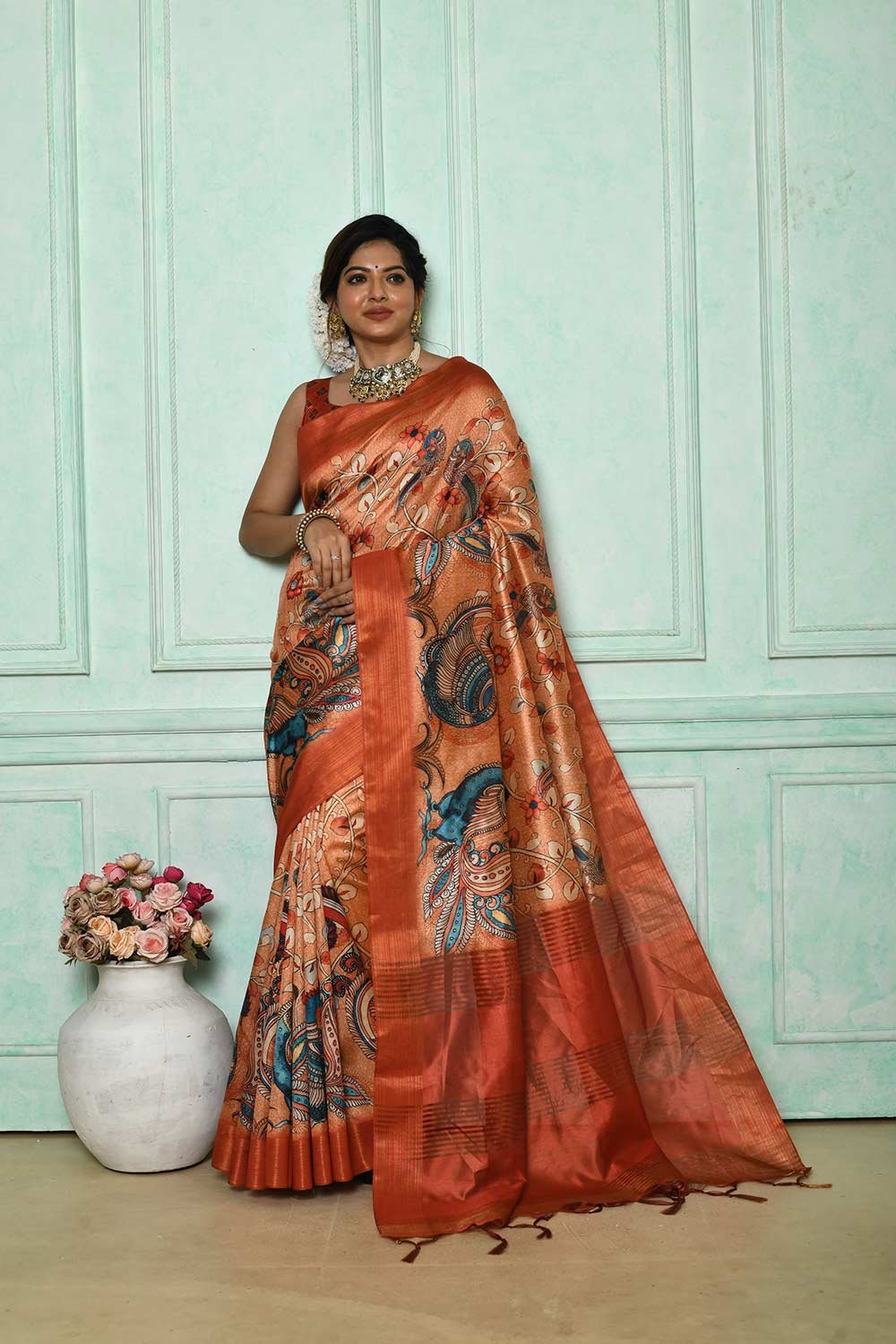 Orange Tussar Silk Weaving Saree