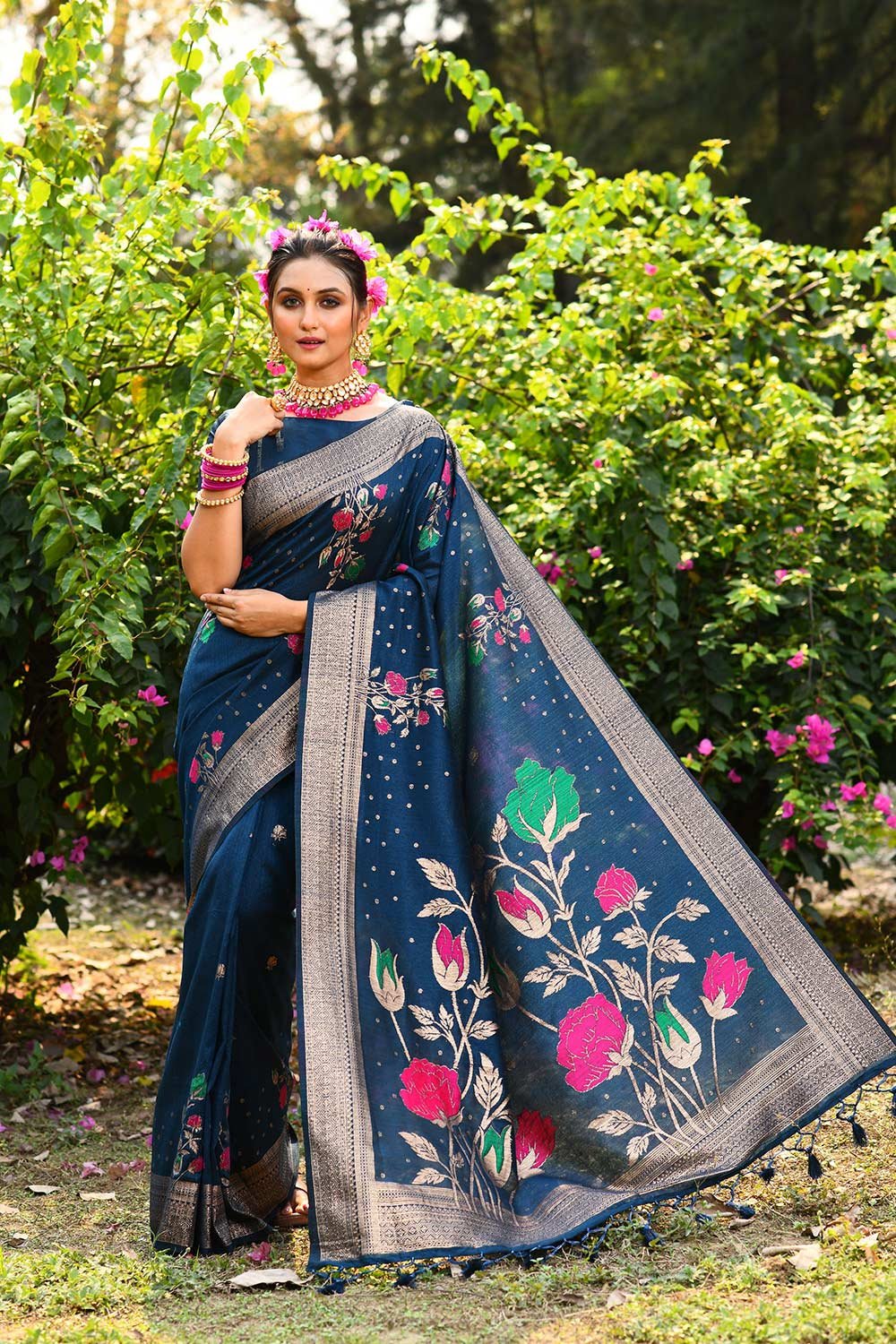 Blue Tussar Silk Zari Weaving Saree
