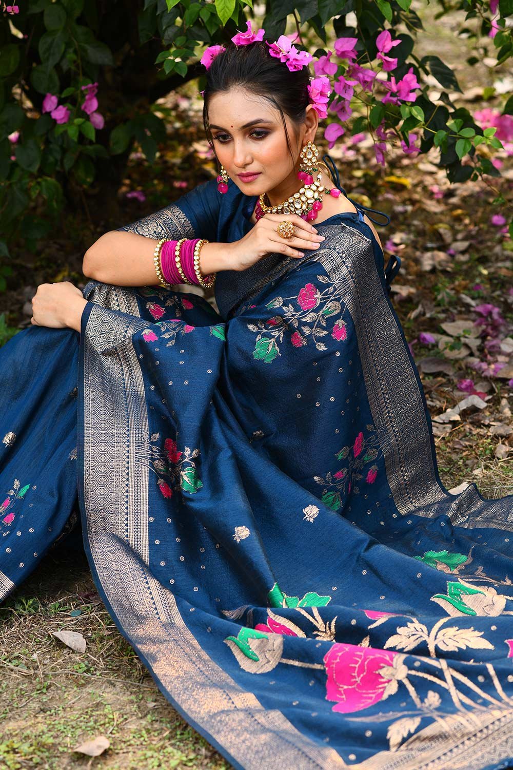 Blue Tussar Silk Zari Weaving Saree
