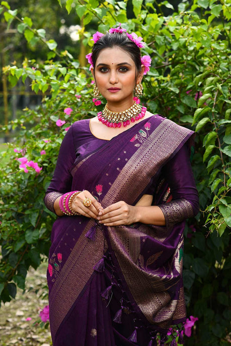 Purple Tussar Silk Zari Weaving Saree