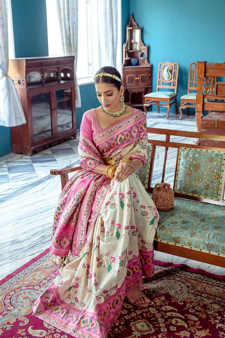 Cream Banarsi Silk Weaving Saree