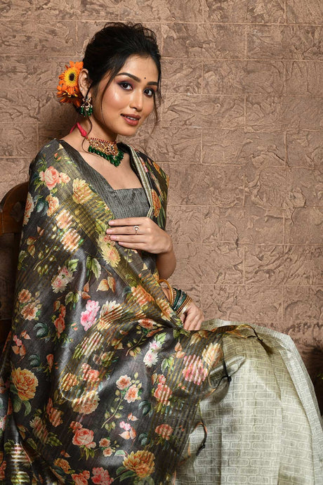 Grey Tussar Silk Weaving Saree