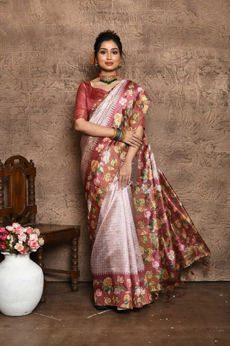 Pink Tussar Silk Weaving Saree