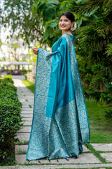 Teal Handloom Raw Silk Weaving Saree