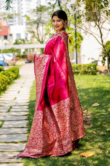 Pink Handloom Raw Silk Weaving Saree