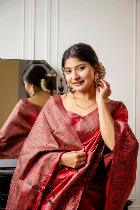 Red Handloom Raw Silk Weaving Saree