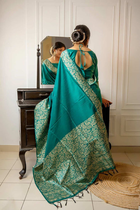 Teal Handloom Raw Silk Weaving Saree