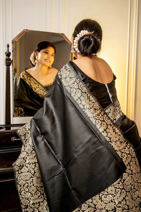 Black Handloom Raw Silk Weaving Saree
