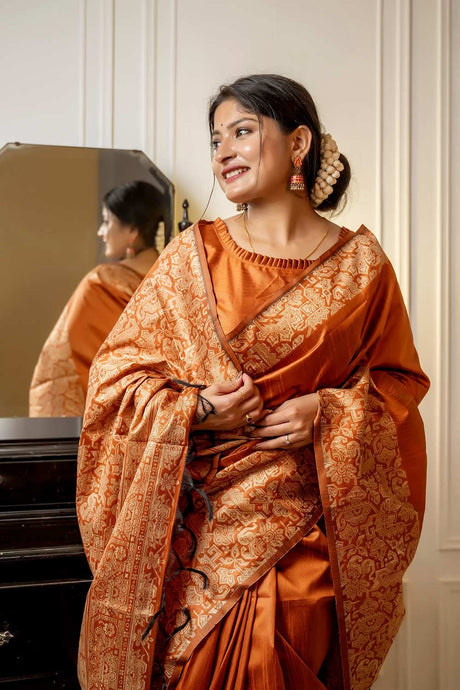 Orange Handloom Raw Silk Weaving Saree