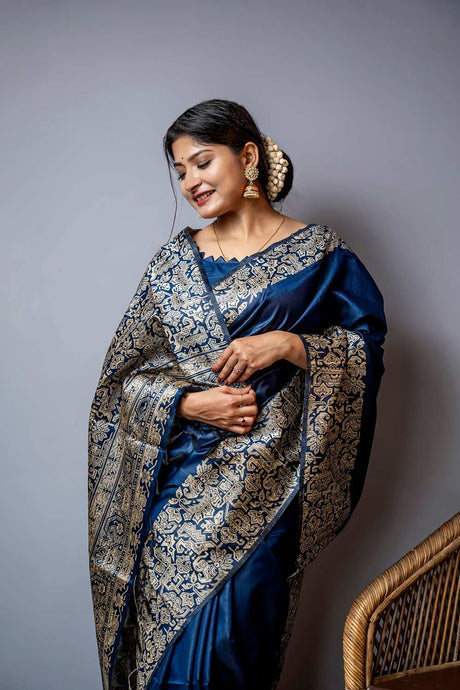 Blue Handloom Raw Silk Weaving Saree