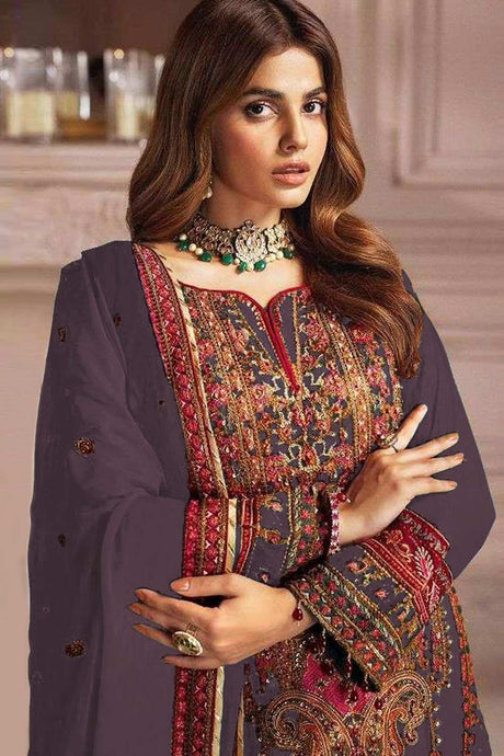 Wine Embroidered Georgette Pakistani Salwar Suit