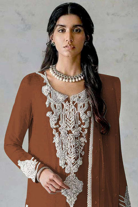 Brown Embroidered Georgette Pakistani Salwar Suit