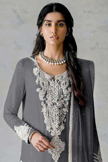 Grey Embroidered Georgette Pakistani Salwar Suit