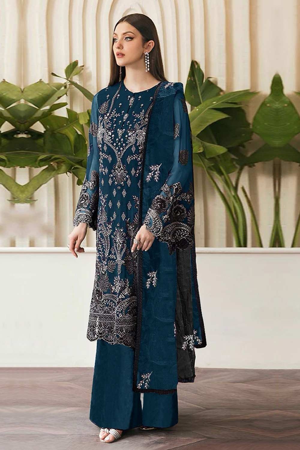 Teal Embroidered Georgette Pakistani Salwar Suit