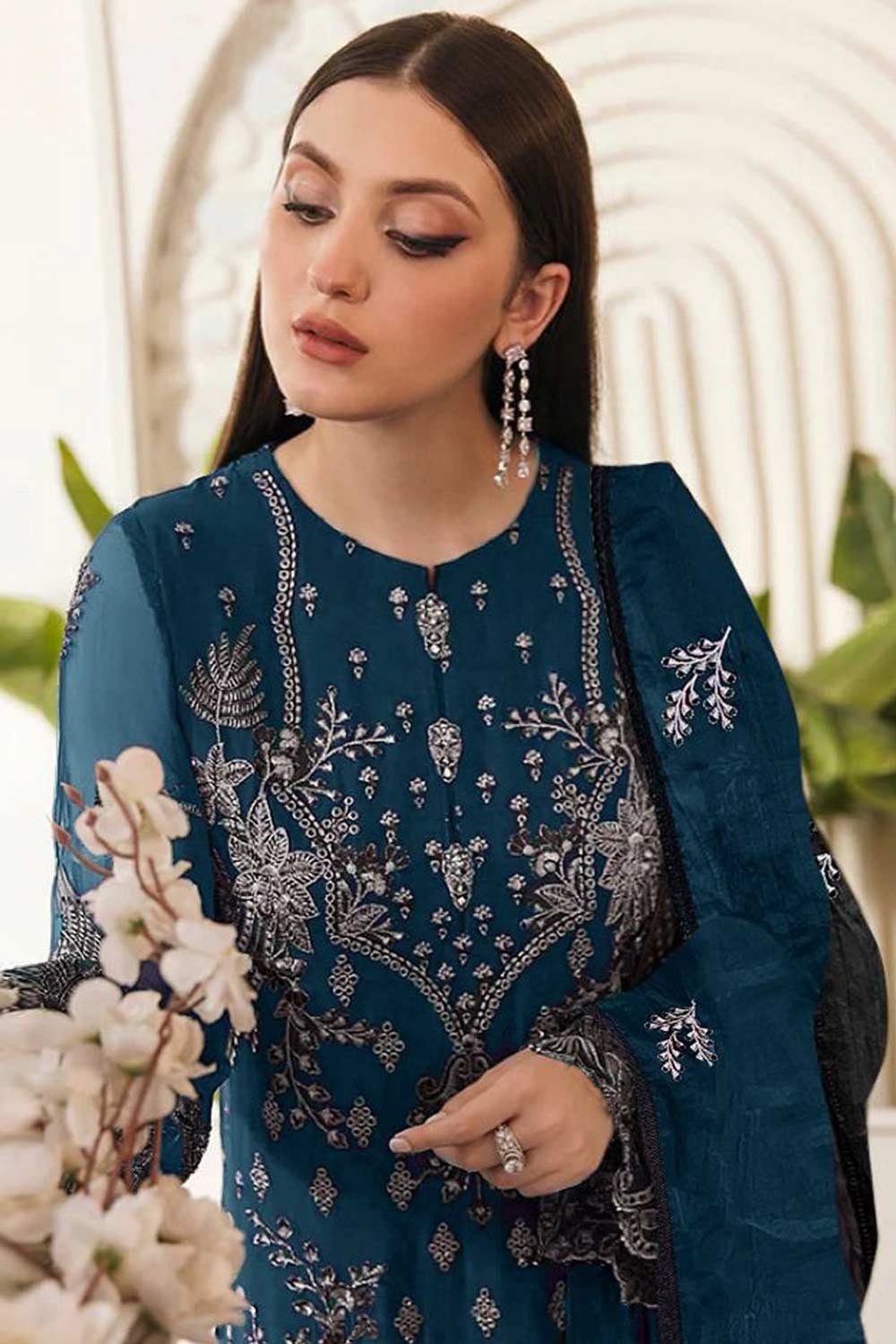 Teal Embroidered Georgette Pakistani Salwar Suit