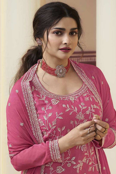 Pink Embroidered Chinon Salwar Suit