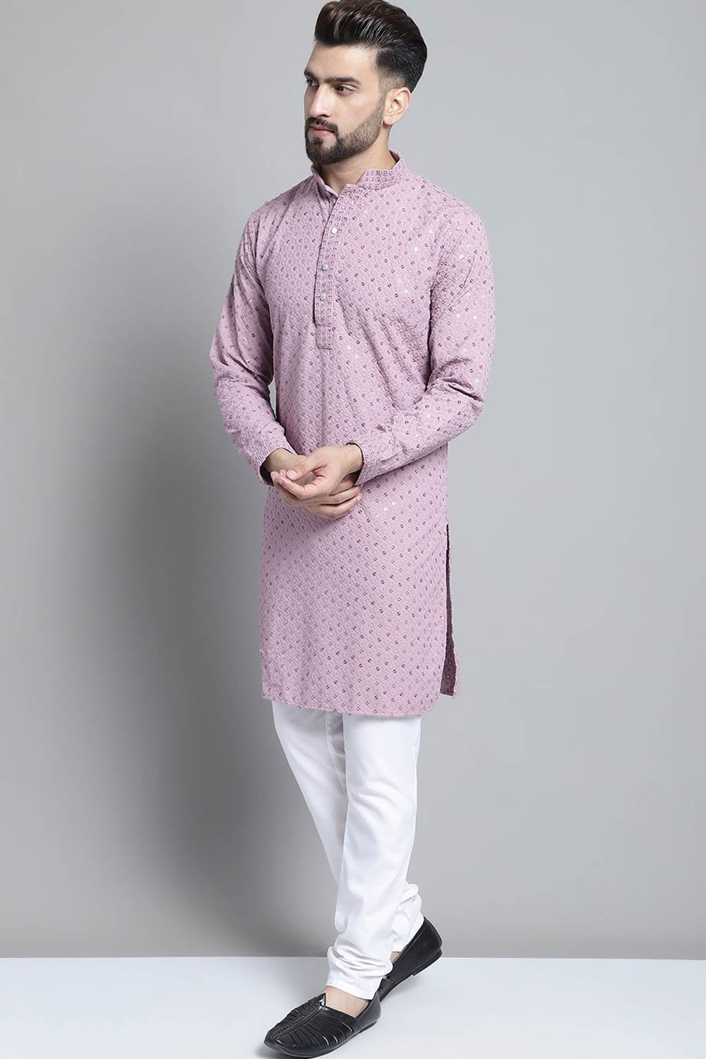 Men Purple Chikankari Embroidered And Sequence Kurta With Churidar