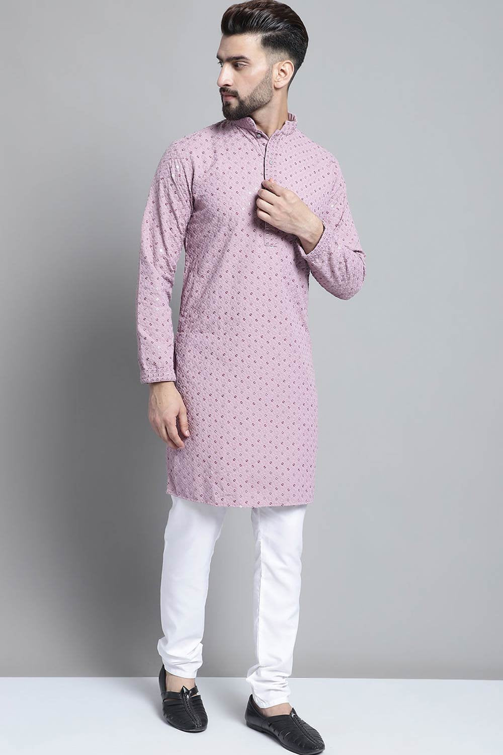 Men Purple Chikankari Embroidered And Sequence Kurta With Churidar