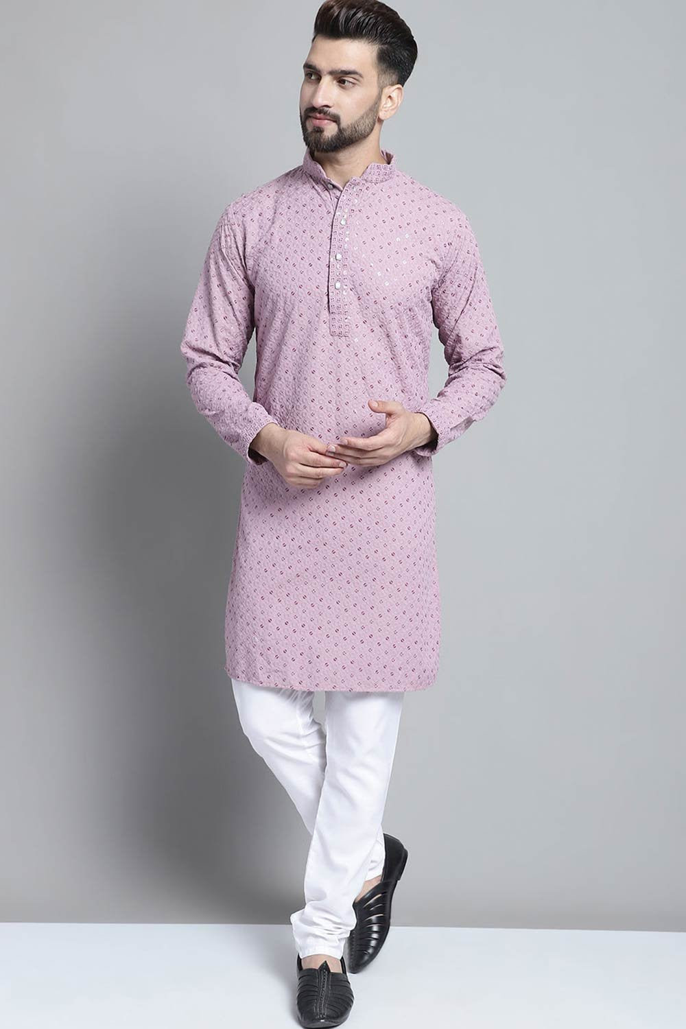 Men Purple Chikankari Embroidered And Sequence Kurta With Churidar