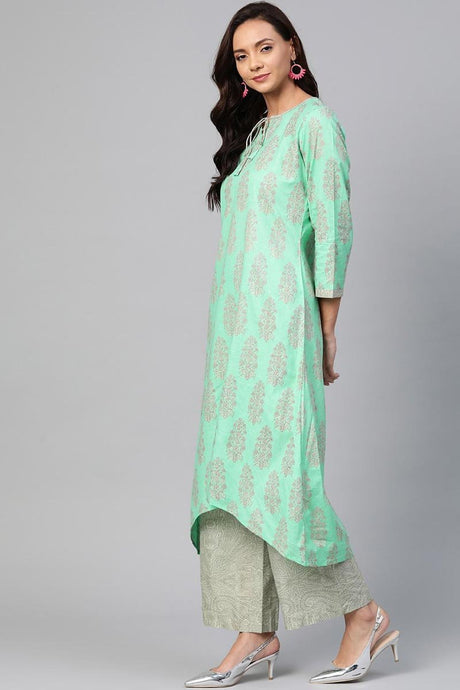 Sea Green Cotton Ethnic Motifs Kurta Set