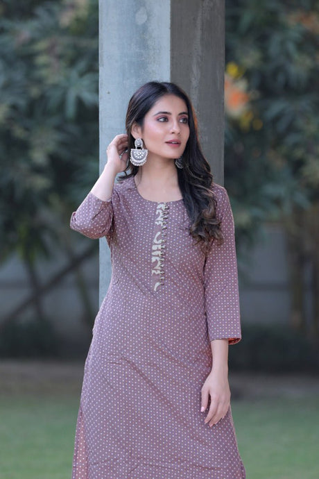 Mauve Cotton Dot Printed Kurti Set