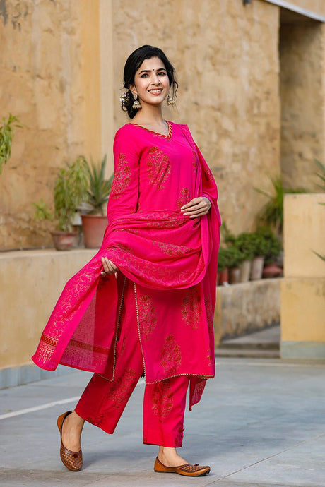 Pink Cotton Straight Suit Set