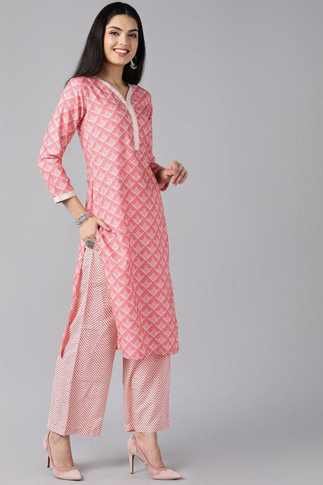 Peach Polyester Ethnic Motifs Straight Suit Set