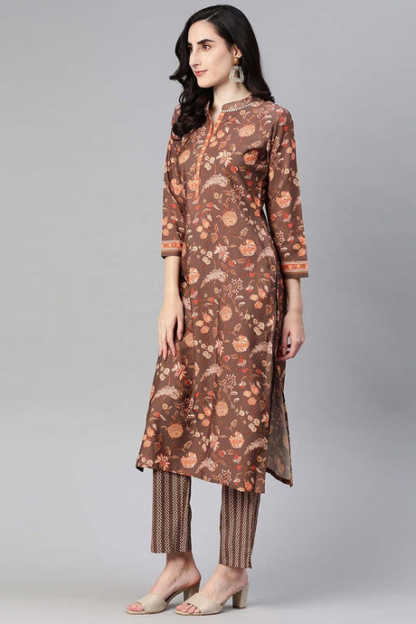 Brown Poly Crepe Floral Print Straight Suit Set