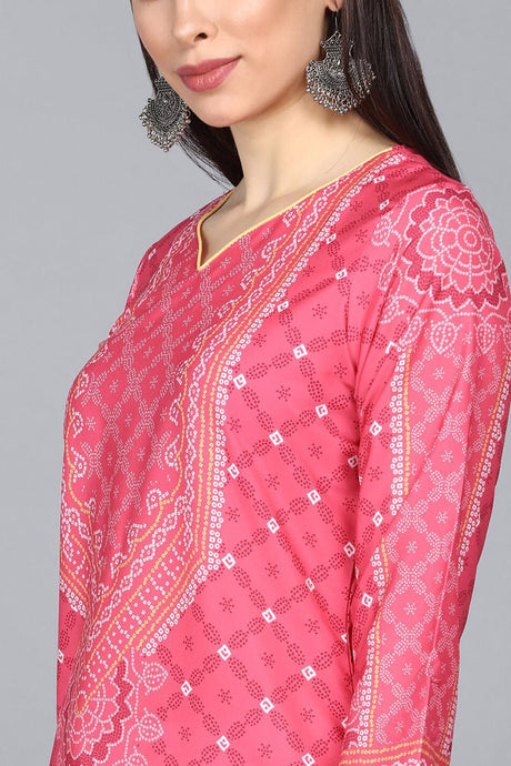 Pink Polyester Ethnic Motifs Straight Suit Set